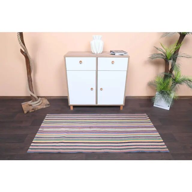 Tapis de couloir kilim turc vintage en laine et coton rose noué à la main