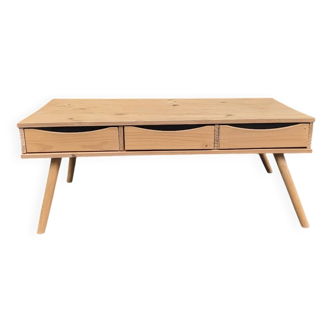 Table basse en pin massif à 3 tiroirs style scandinave