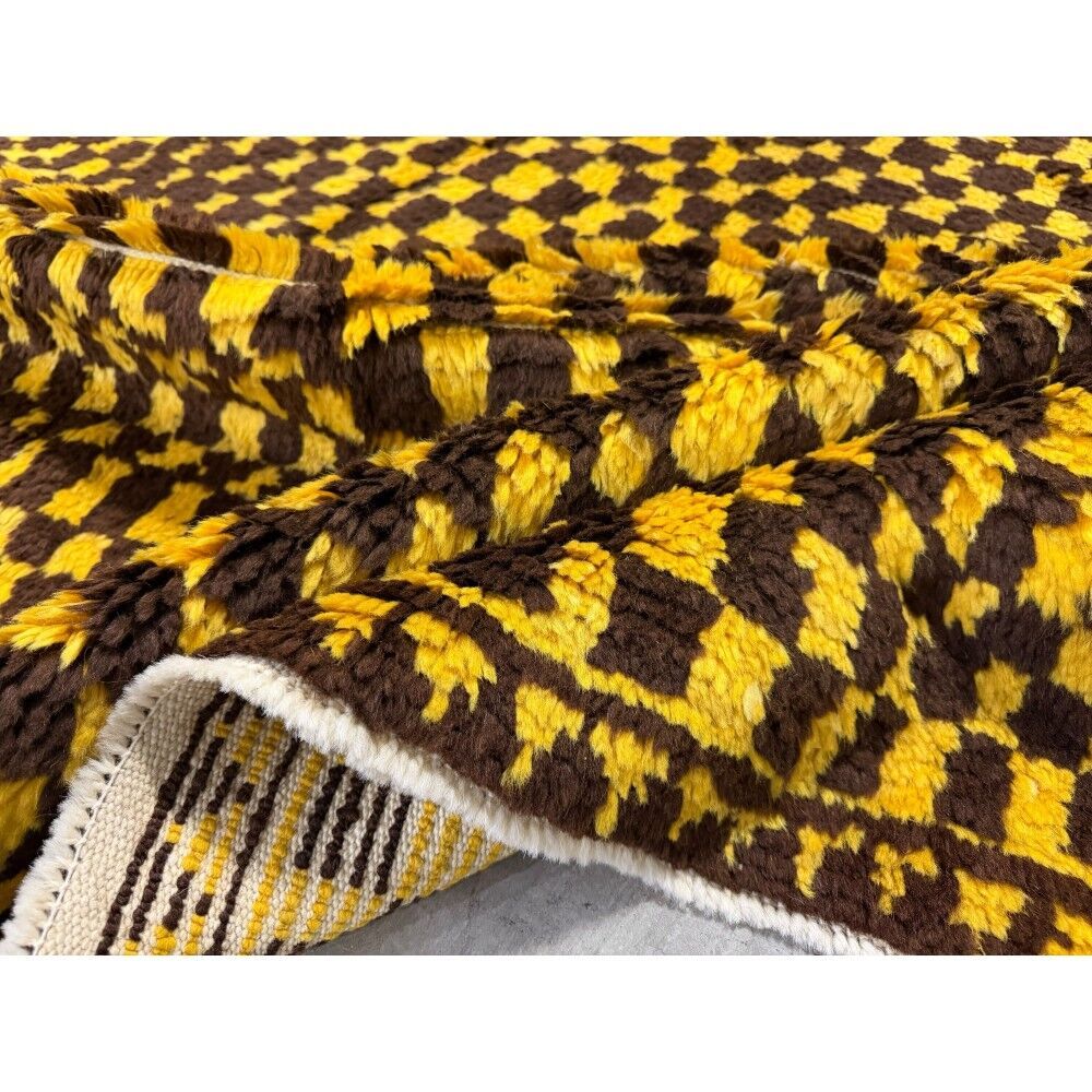 Hand-Knotted Checkered Tulu Rug. 100% Wool. Brown & Mustard Yellow Carpet. Custom Options Available