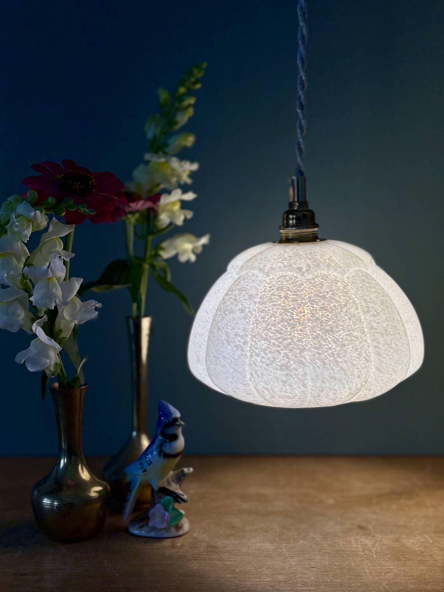 Vintage glass pendant light from Clichy in white.