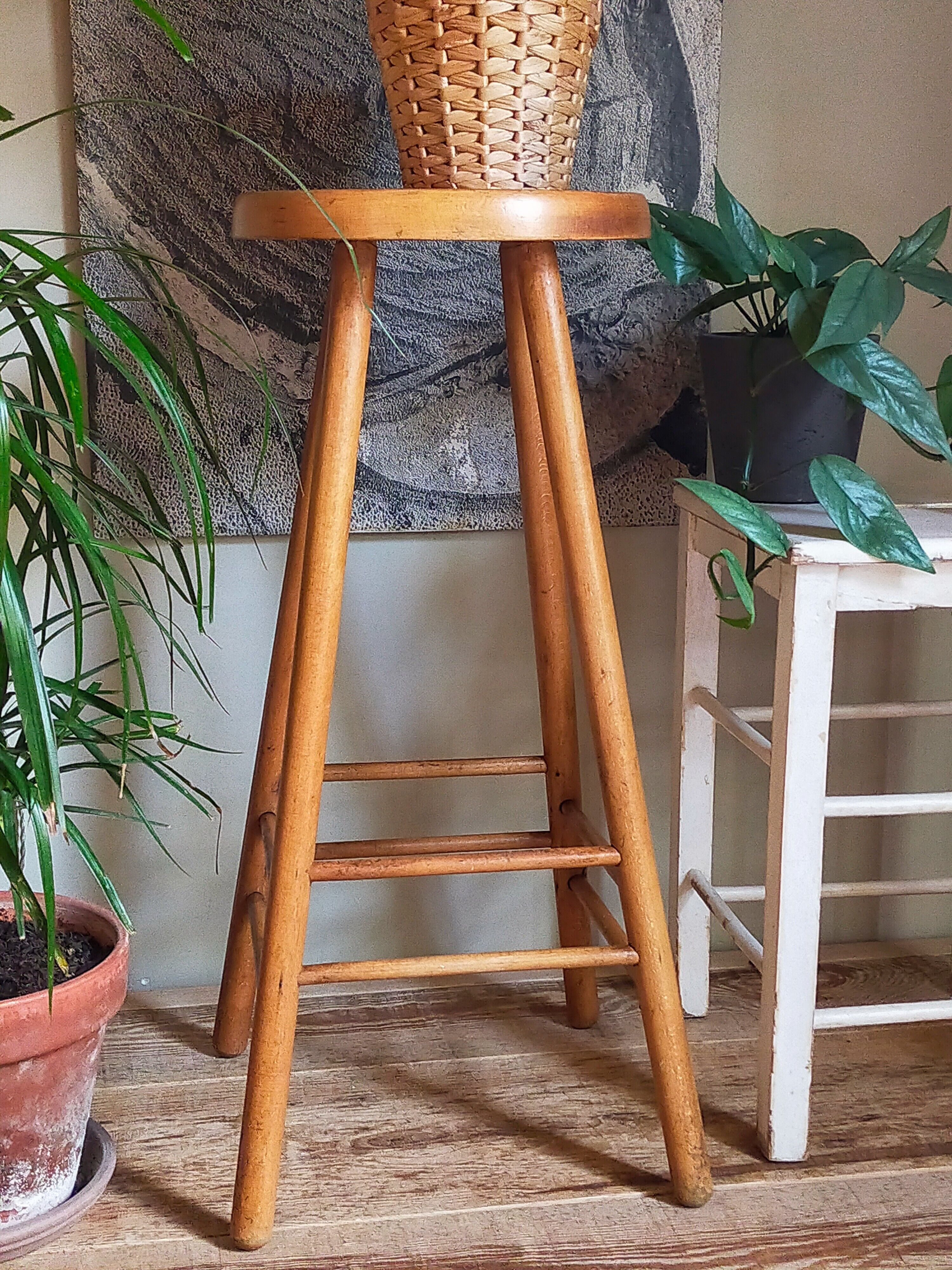 Vintage solid blond wood bar stool