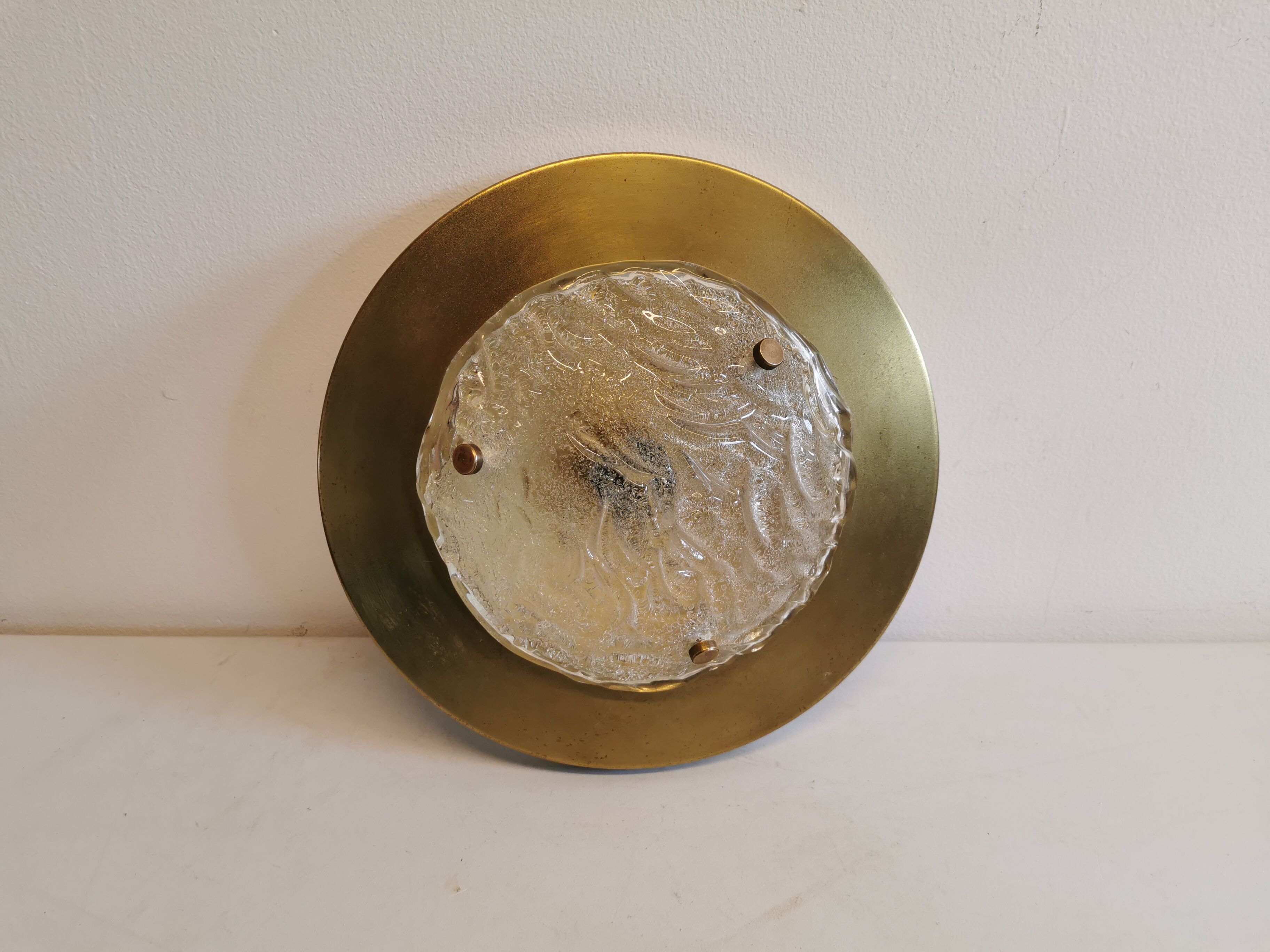 Wall/ceiling lamp, made in brass and white lacquered metal with frosted solid glass shade
