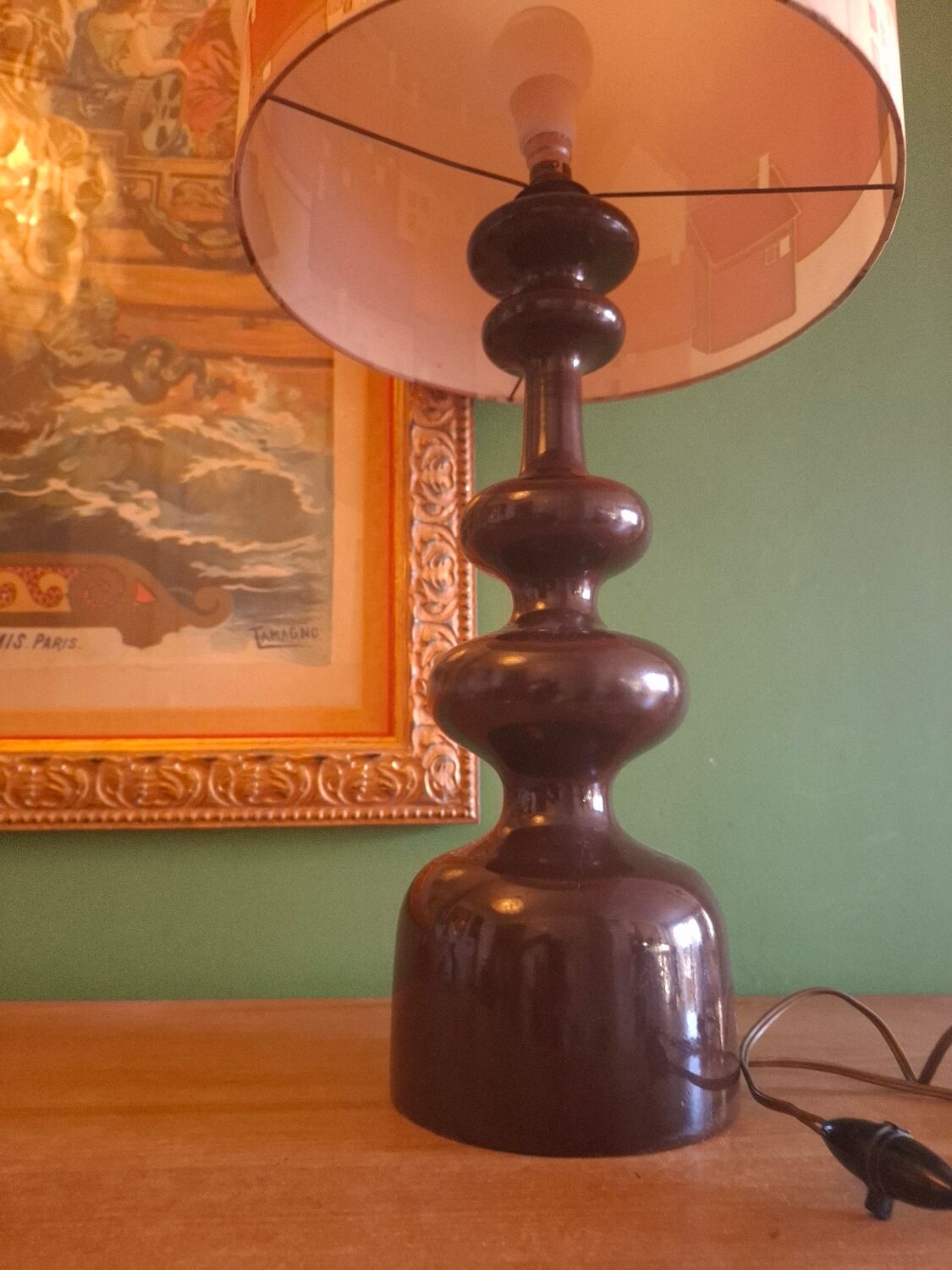 Vintage 70s lamp with a silk shade.