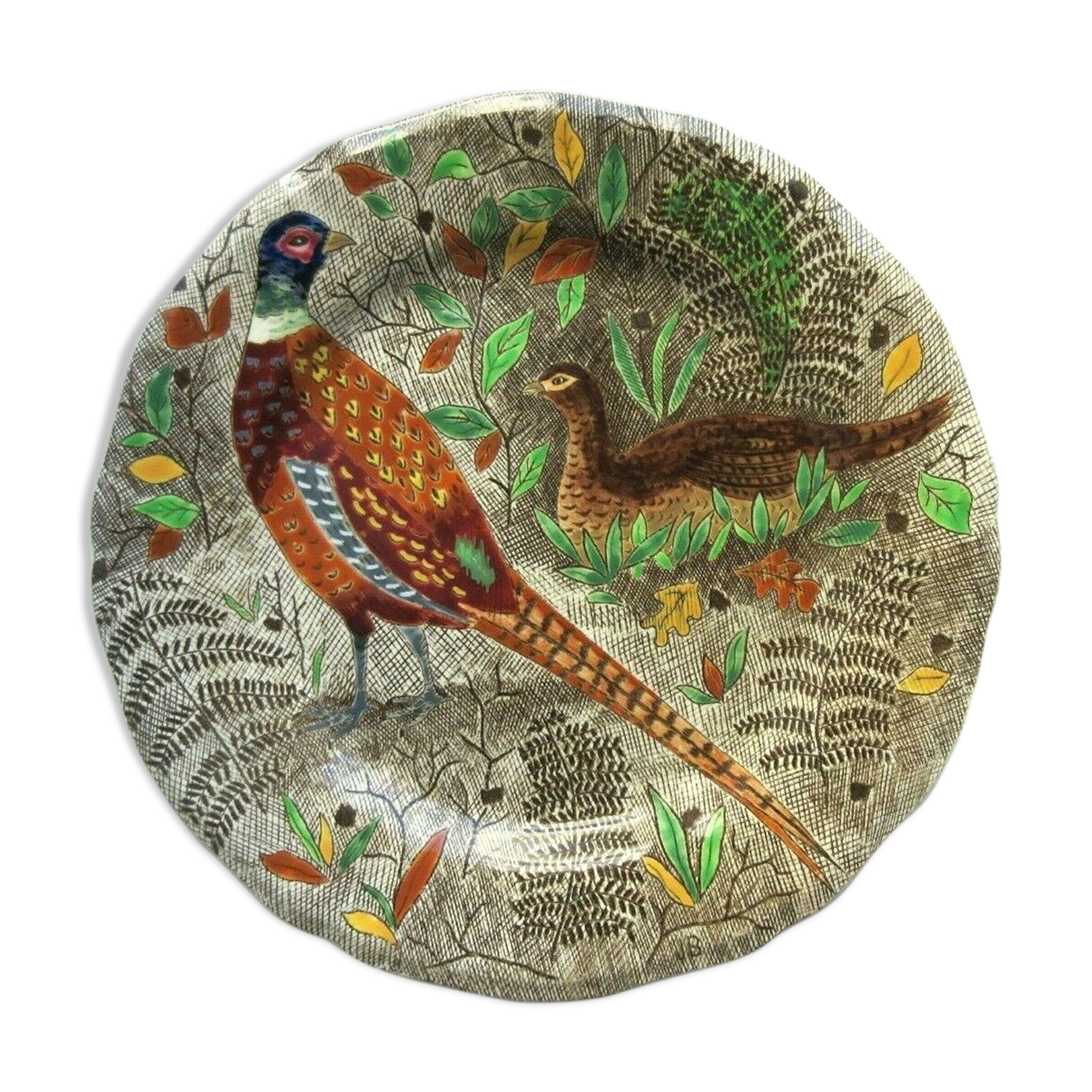 Assiette signée gien, modèle rambouillet: couple de faisans