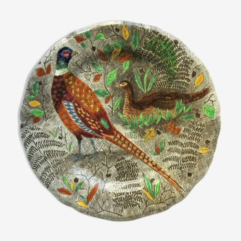 Plate signed gien, rambouillet model: couple of pheasants