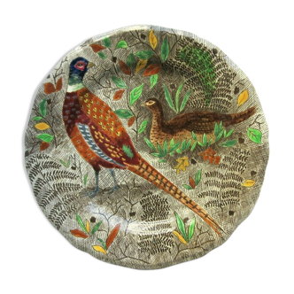 Plate signed gien, rambouillet model: couple of pheasants