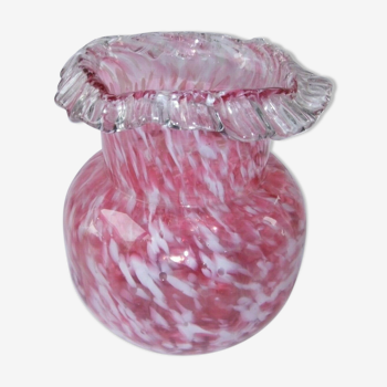 Vase boule ancien Clichy collection verre soufflé moucheté rose blanc