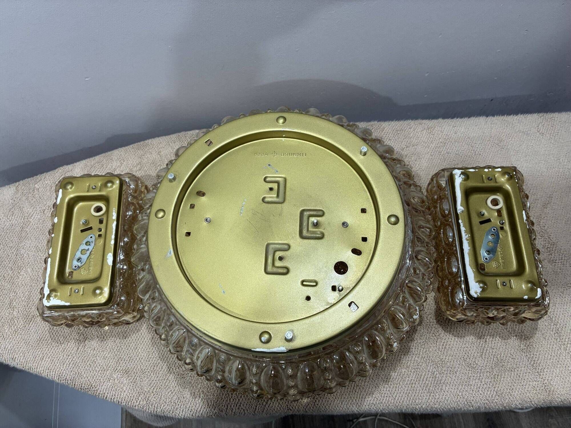 Glashütte Limburg amber bubble glass ceiling light and 2 sconces, 1960s