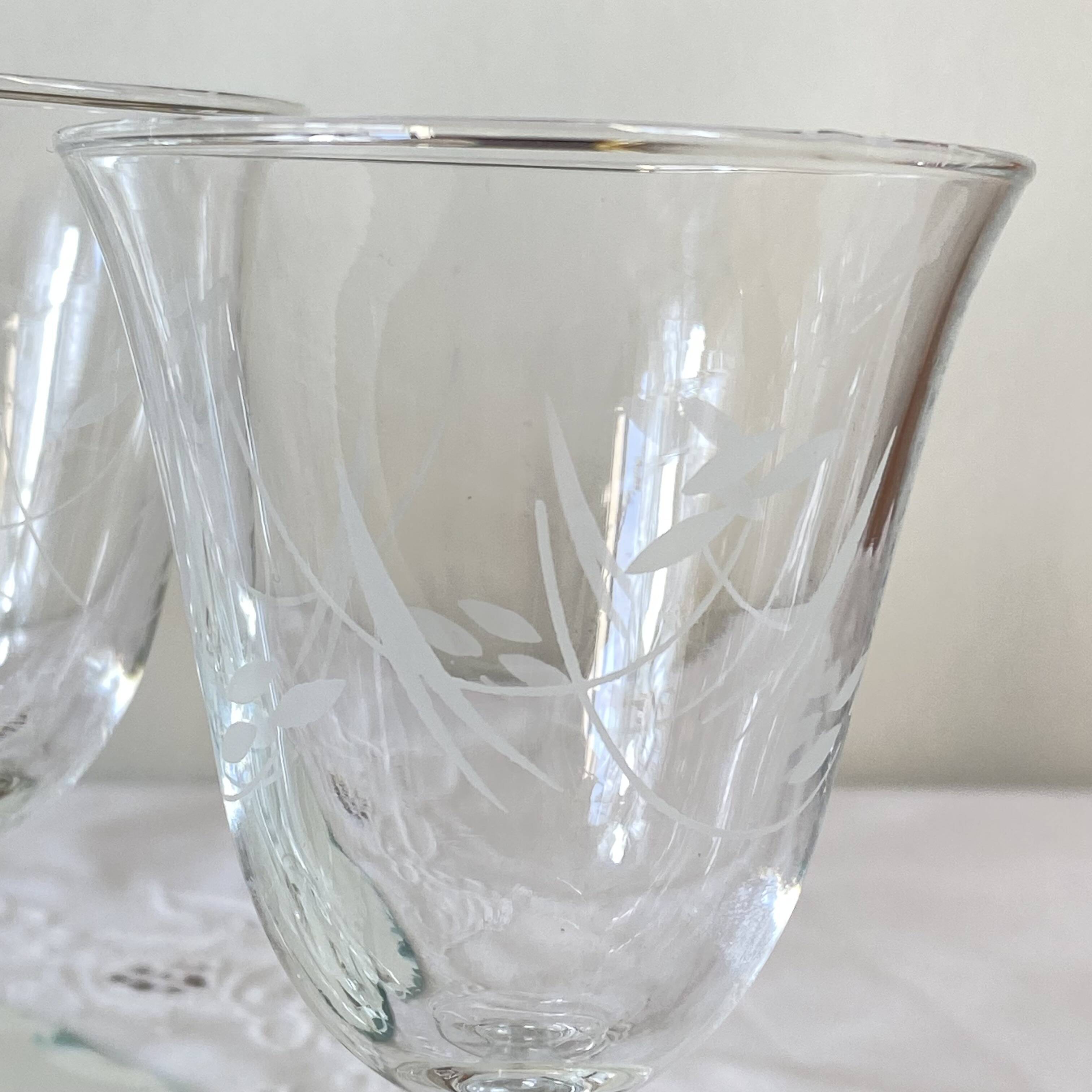 6 antique engraved stemmed glasses with stylised flowers, for wine or water.