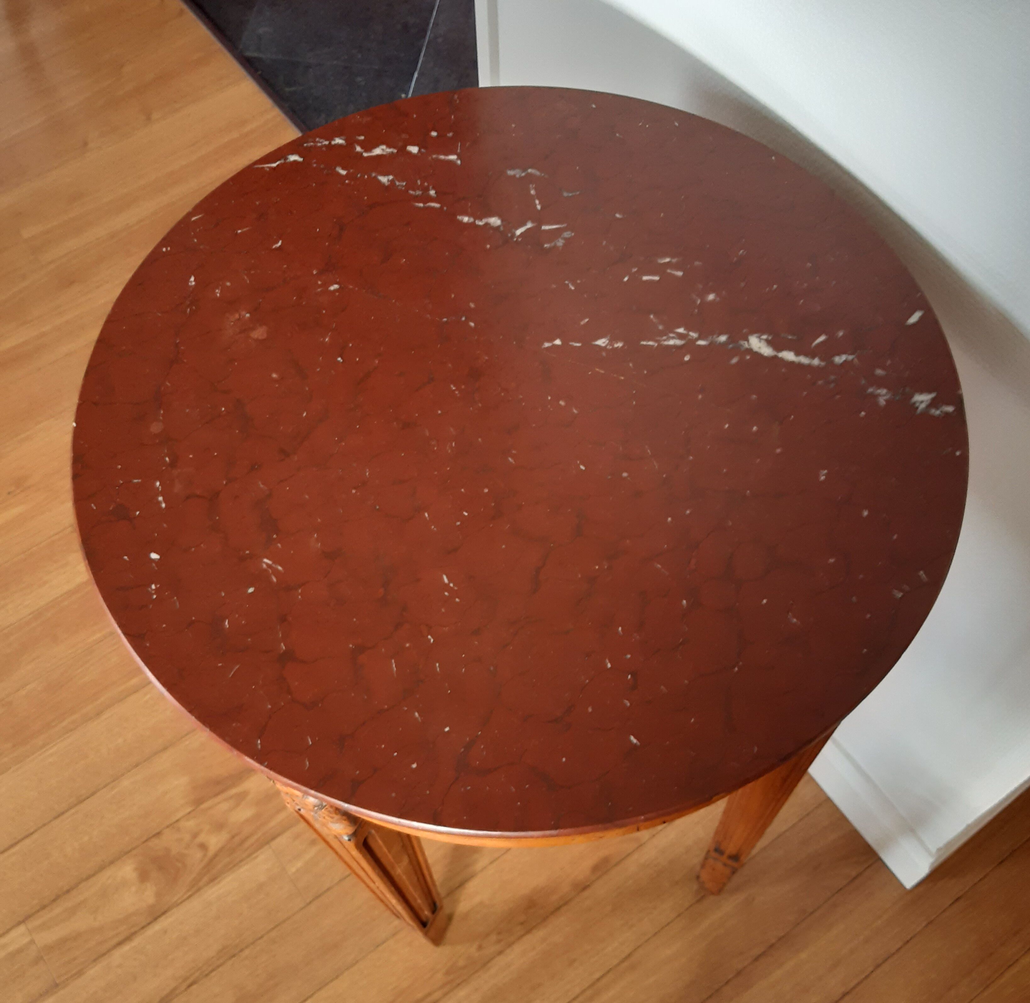 Pedestal table or cherry side table, grill marble top