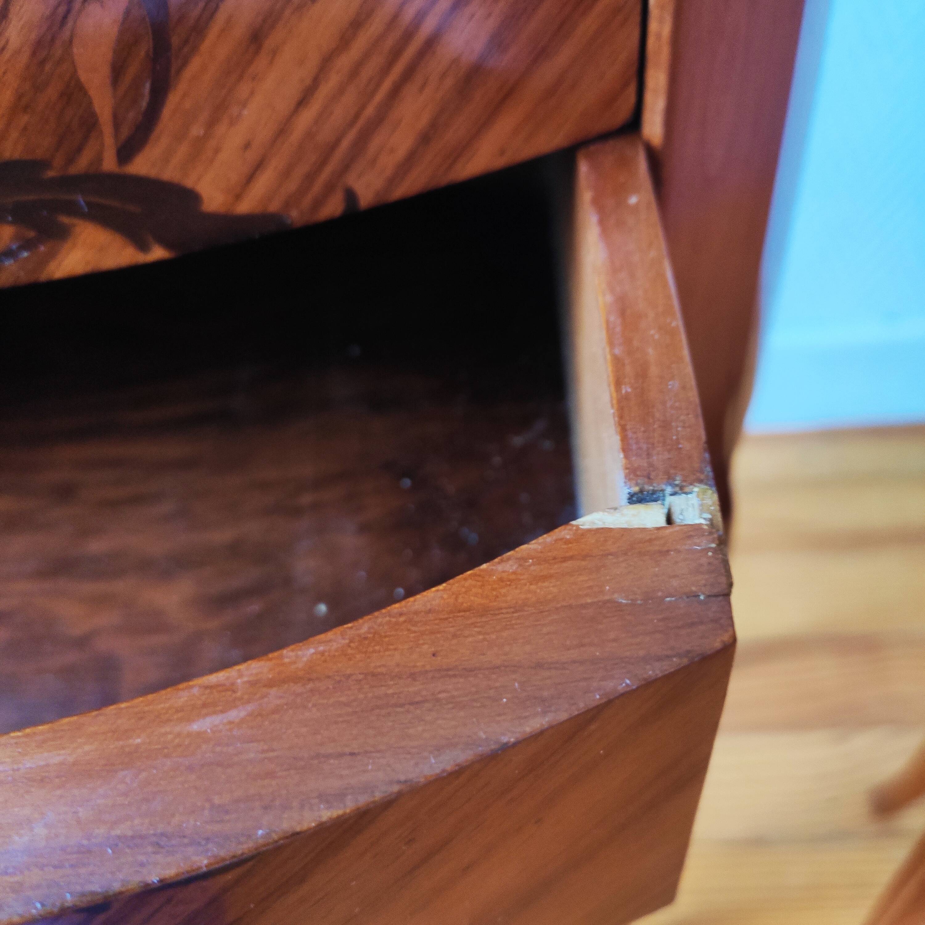 Pair of Louis XV style bedside tables with marquetry and marble.