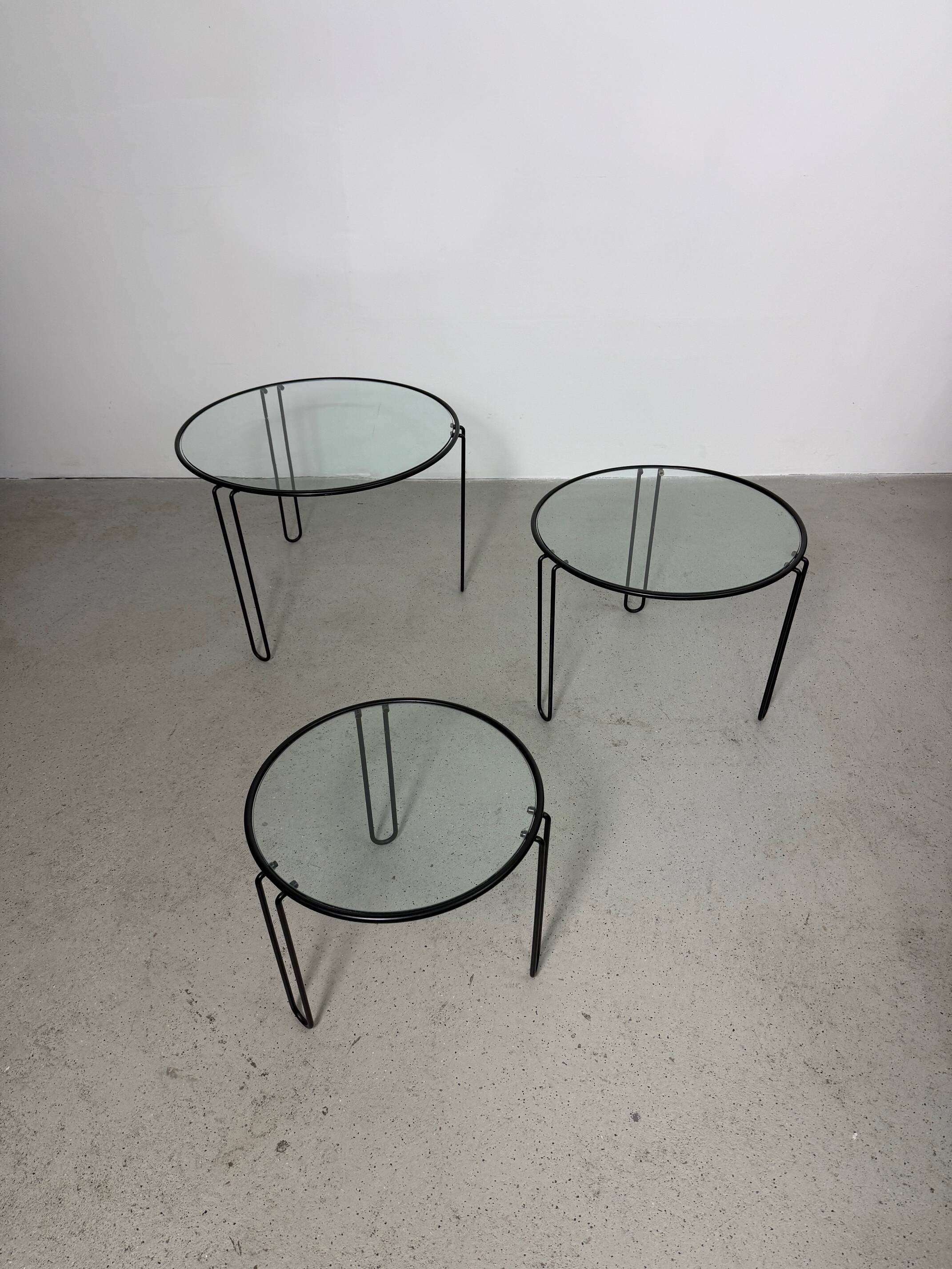 Set of 3 Minimalist Wire and Glass Nesting Tables, 1970s - 1980s