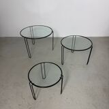 Set of 3 Minimalist Wire and Glass Nesting Tables, 1970s - 1980s