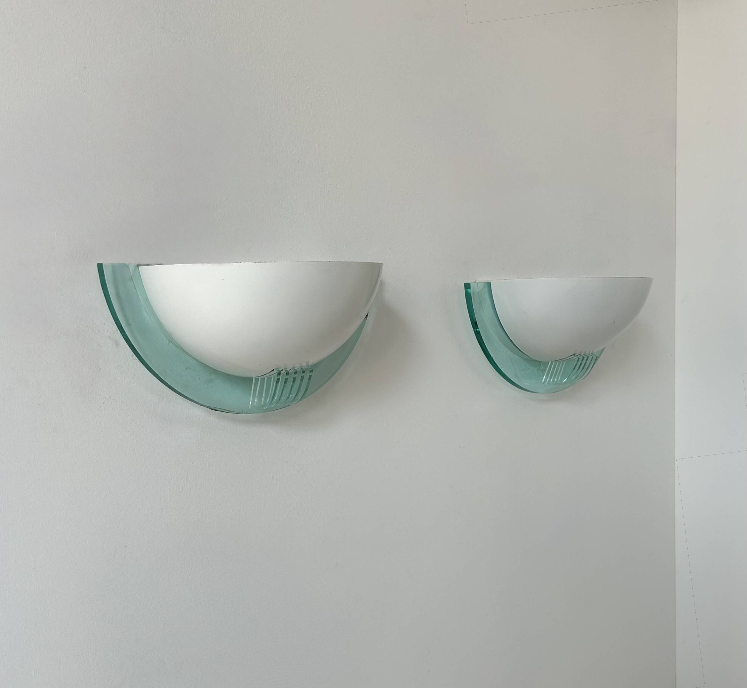 Pair of vintage post-modernist wall lights, white metal, perspex, France 1980