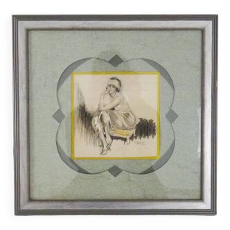 Dessin au fusain sur papier femme assise de William Ablett 1923