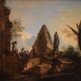 Great Capriccio Painting with Classical Ruins and Figures from the 18th Cen