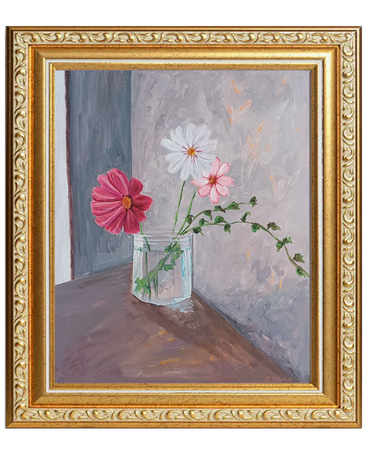 Painting, bouquet of cosmos in a jar of jam