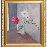 Painting, bouquet of cosmos in a jar of jam