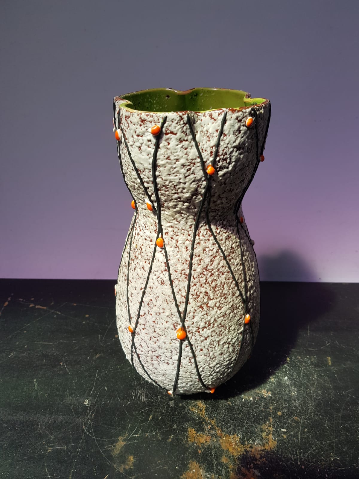 Ancient ceramic vase grey decor black, orange interior vintage green