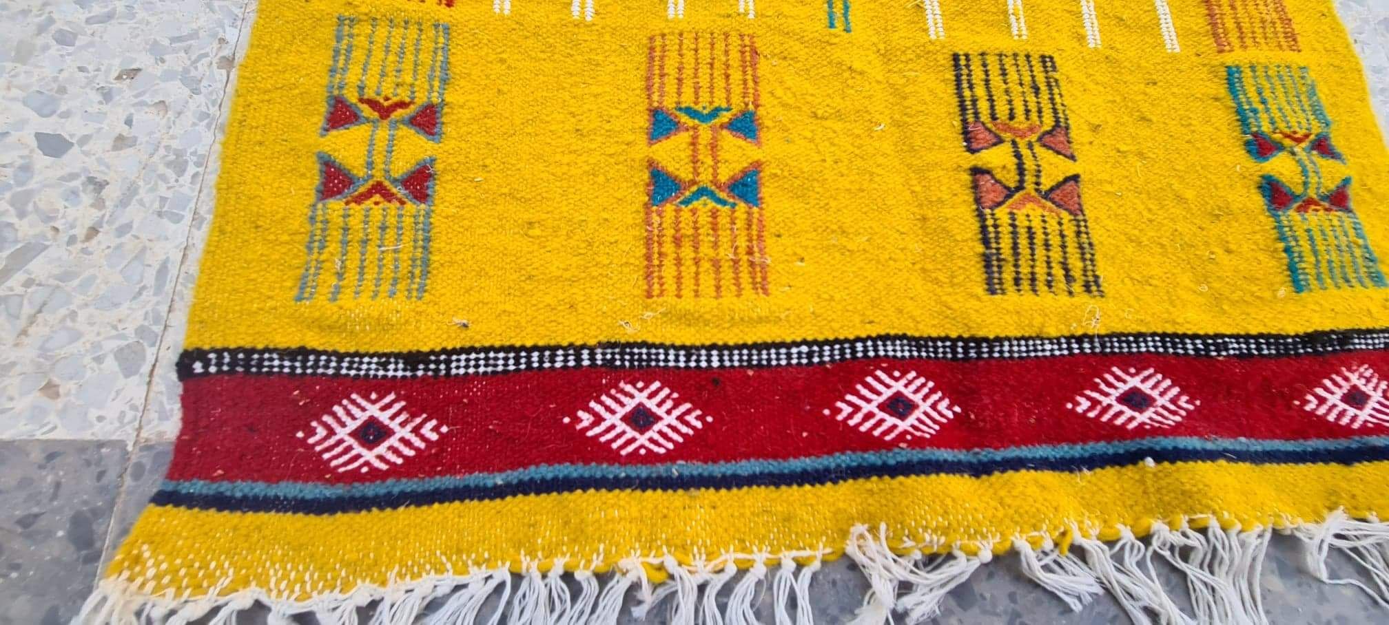Traditional handmade biker yellow kilim carpet made of pure wool  - 120x70cm