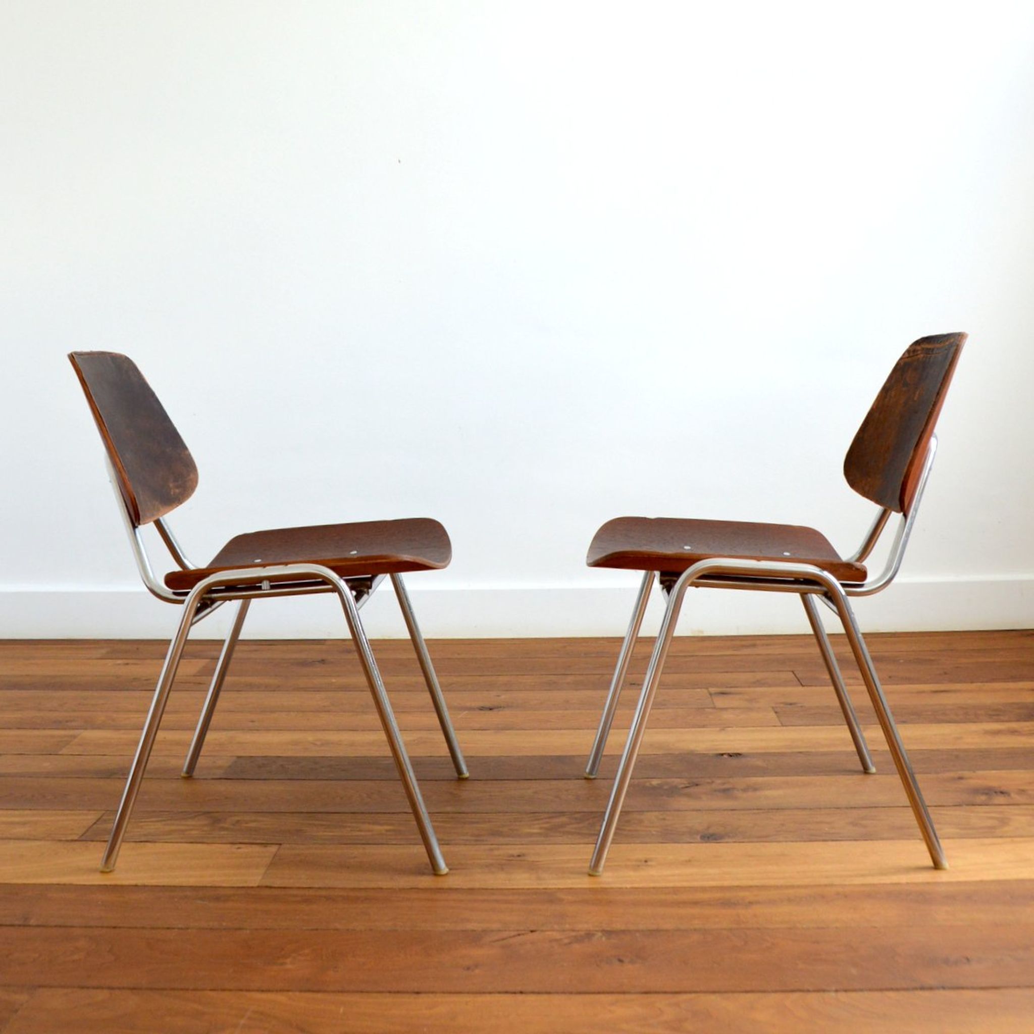 Pair of Thonet chairs in wood – metal and leather 1950s
