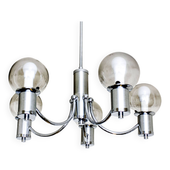 Chromed metal chandelier with 5 smoked glass lampshades 1970 Vintage