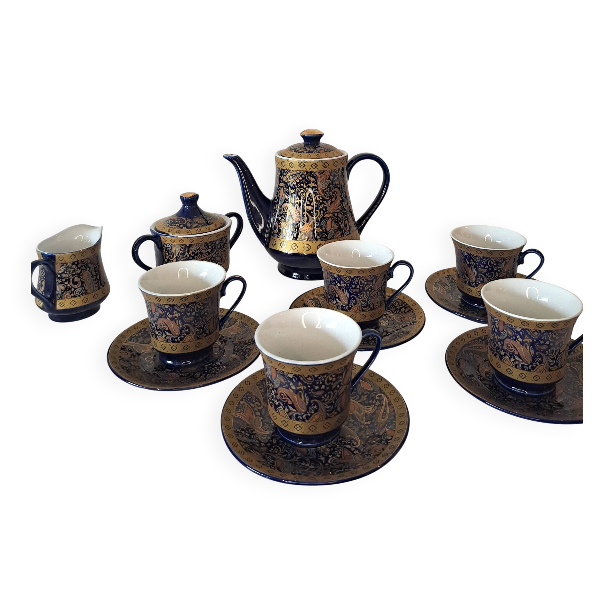 Service à café vintage D&S France – porcelaine bleue et or – 13 pièces