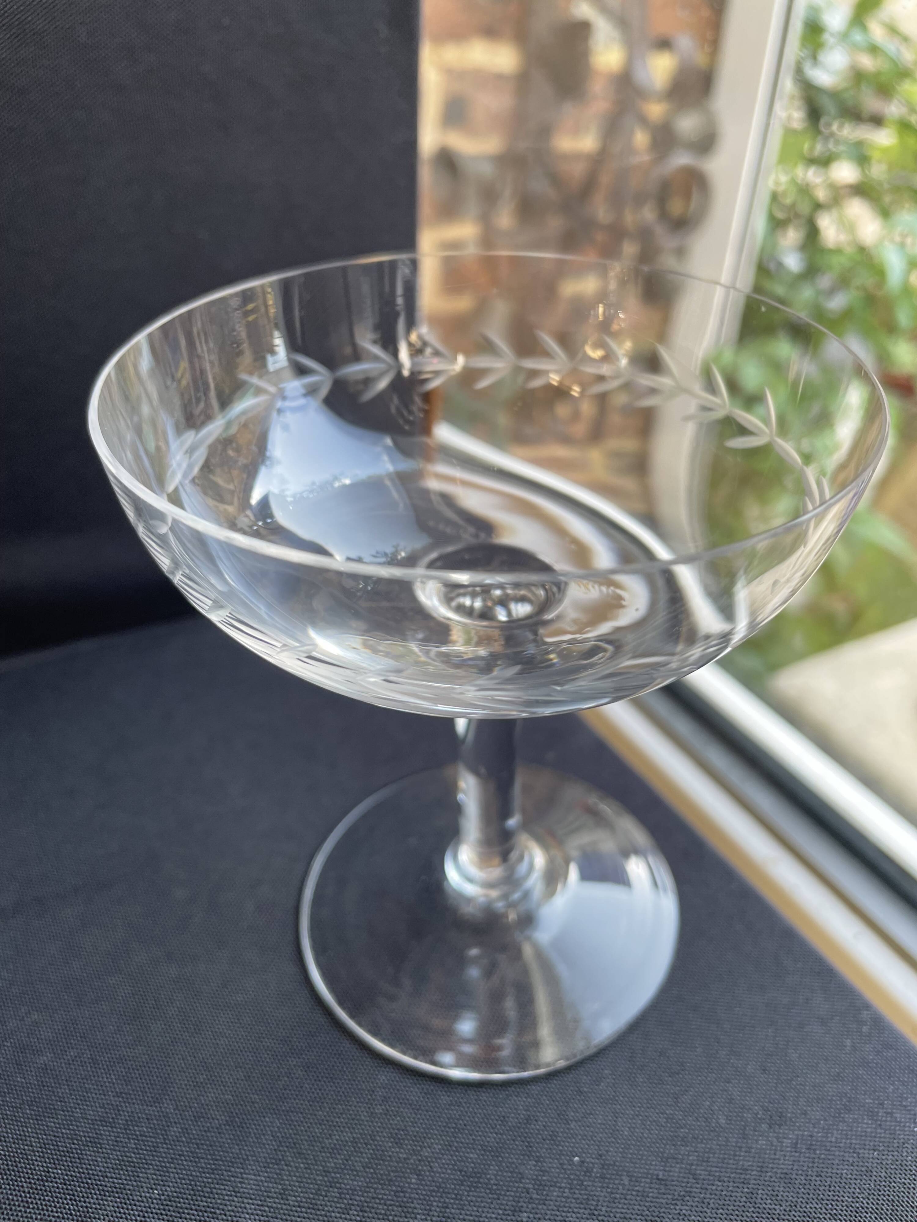 6 Blown and Cut Champagne Glasses