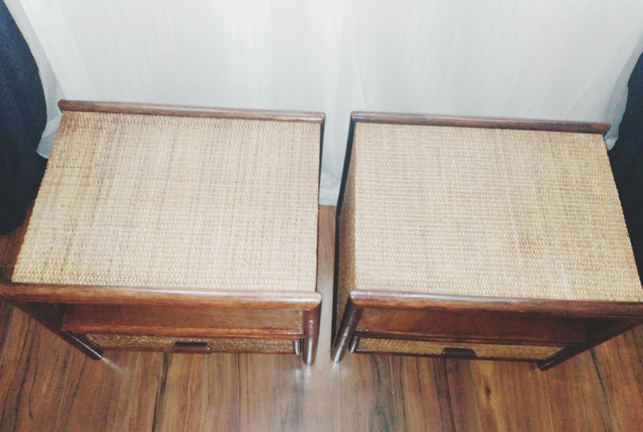 Pair of rattan and bamboo bedside tables, vintage