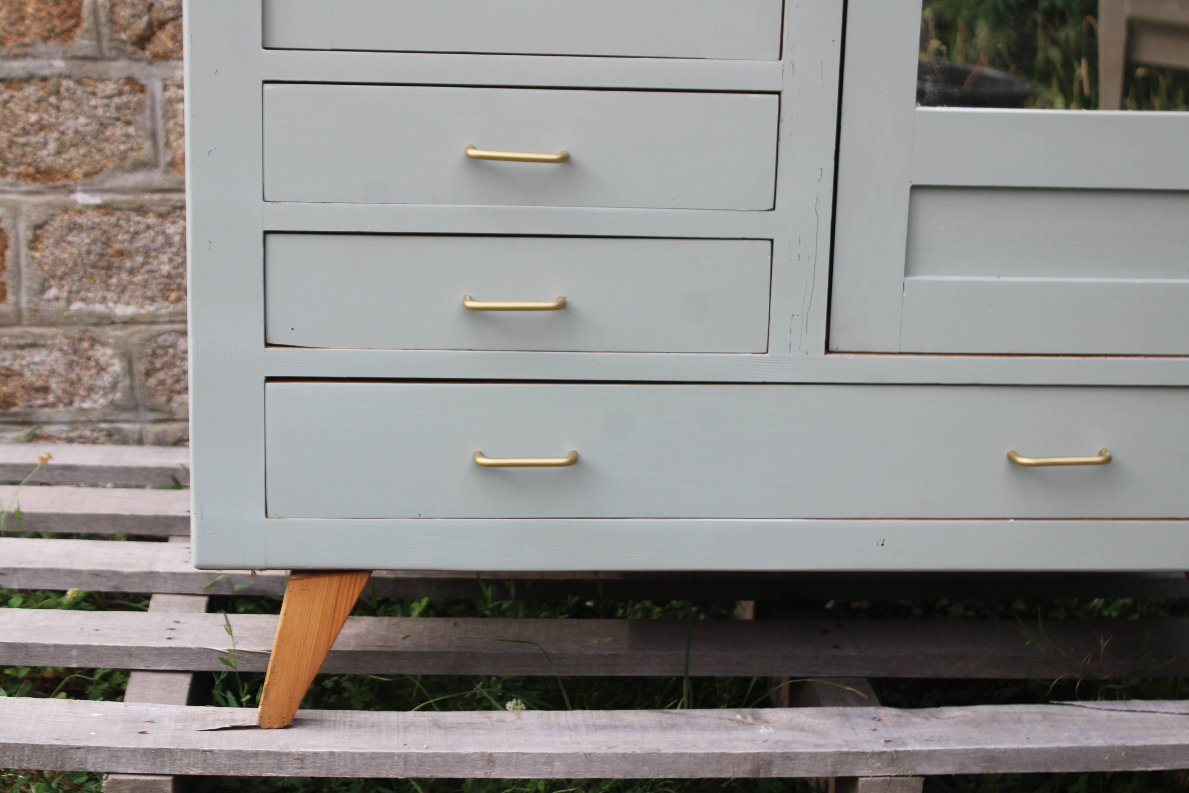 Vintage Parisian wardrobe in sage green – Mirror, hanging space and drawers