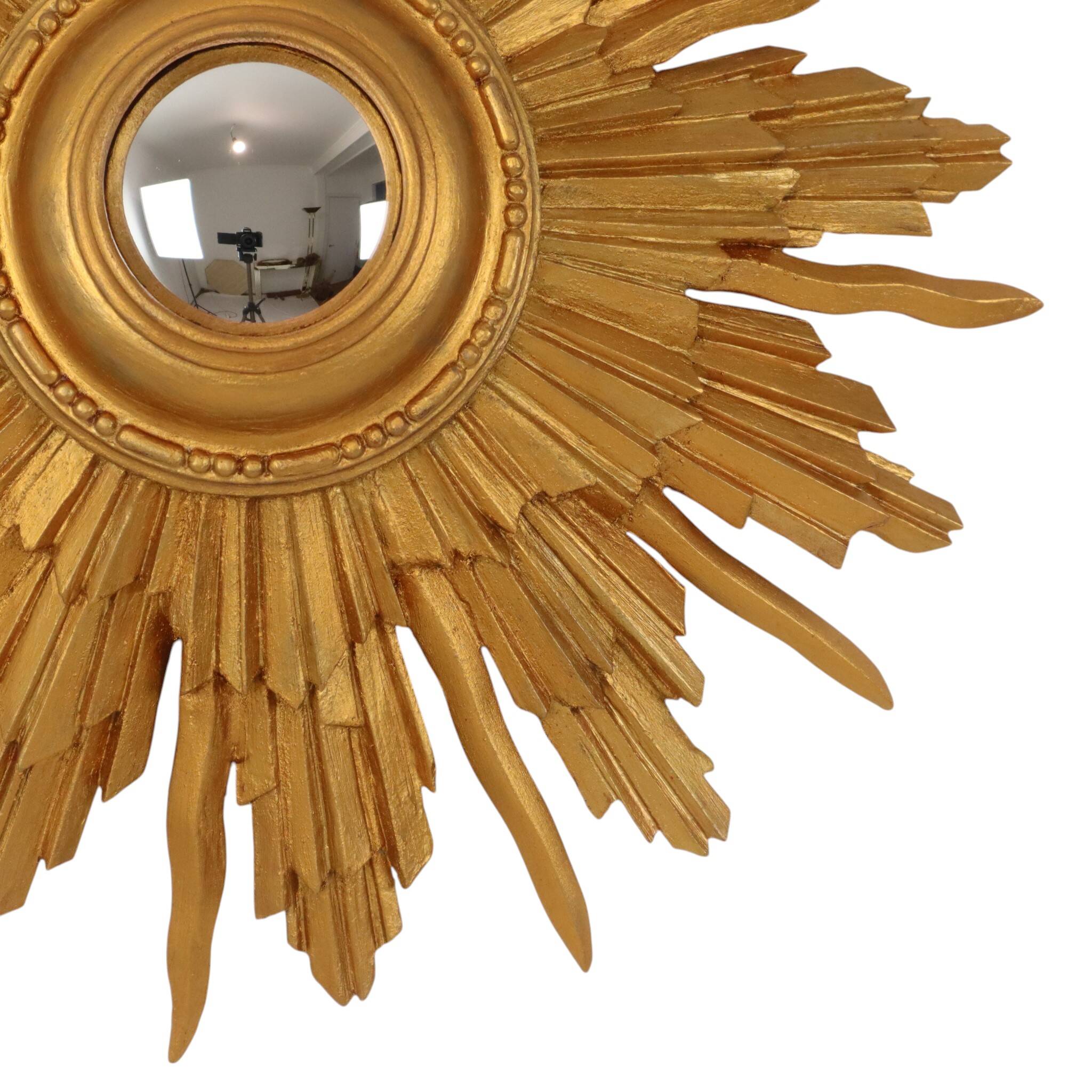 Vintage Wooden Sunburst Convex Mirror, Gold, 46cm