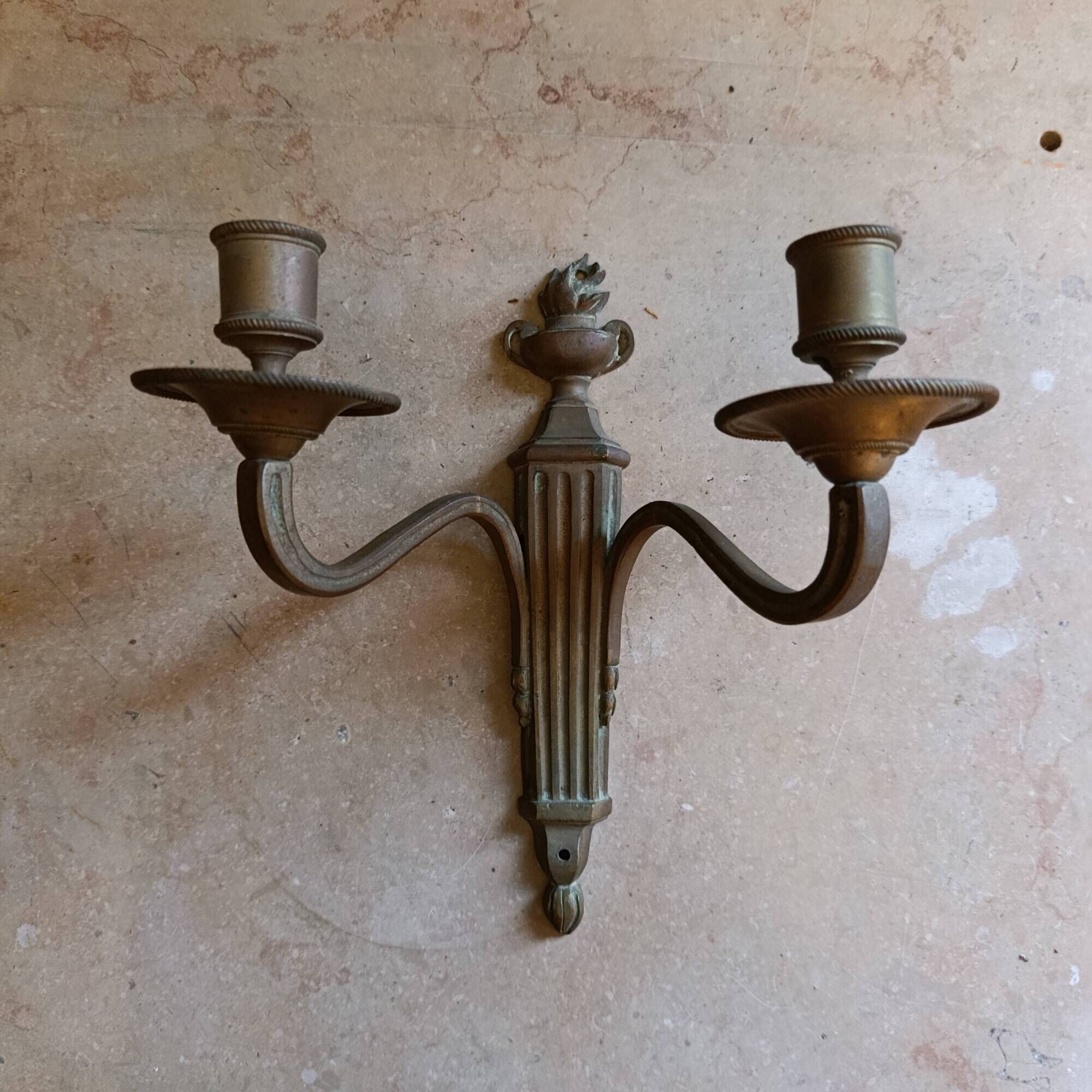 Pair of French bronze wall sconces, Louis XVI Neoclassical style, two-arm s