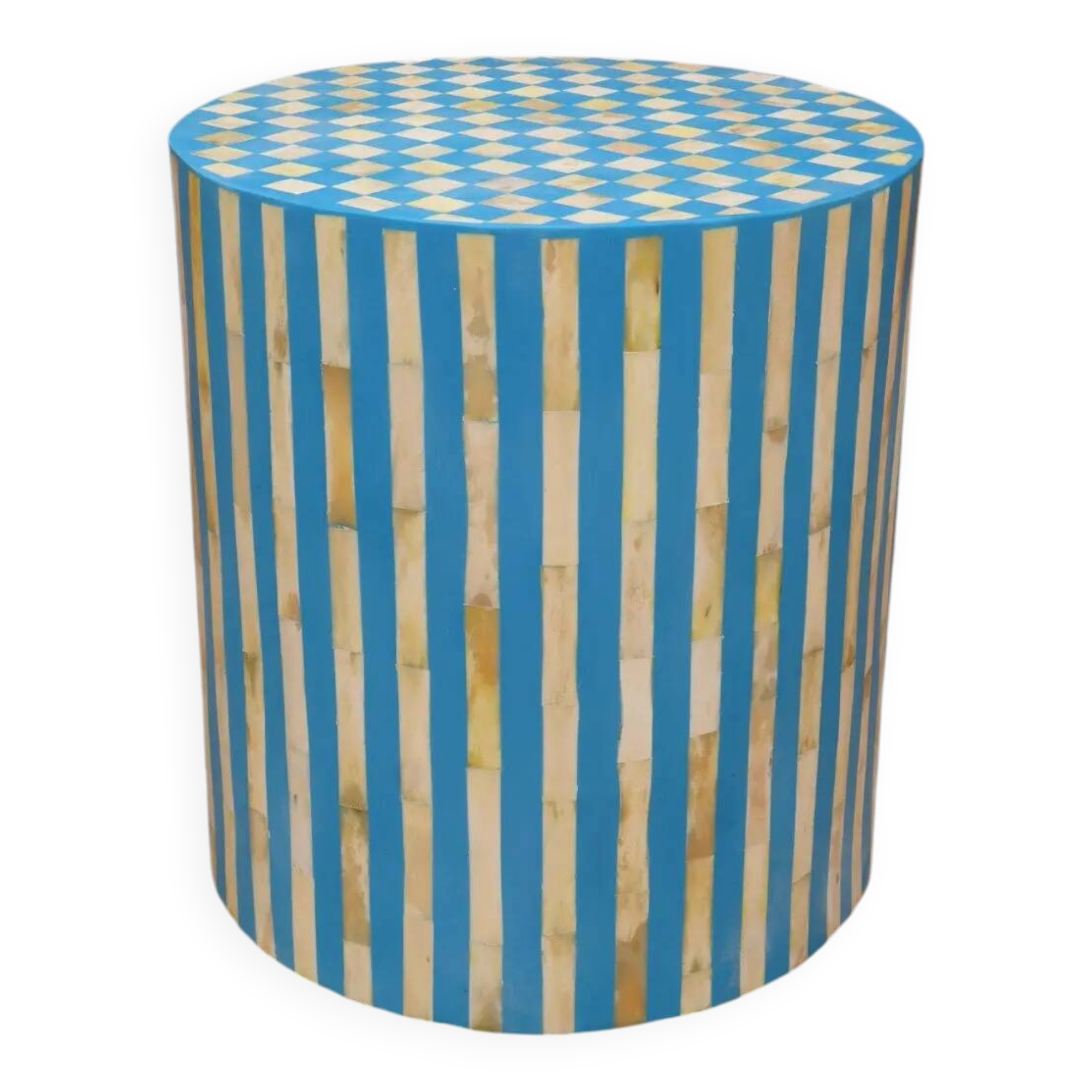 Table d'appoint tabouret en marqueterie os et résine bleue