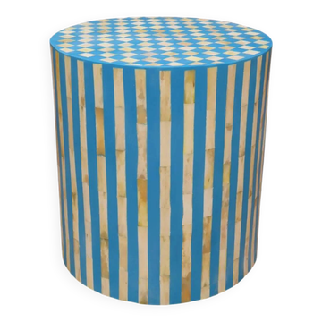 Occasional table stool in marquetry with bone and blue resin.