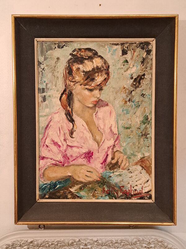 Portrait à l'huile signé Betty Raphaël ''la liseuse