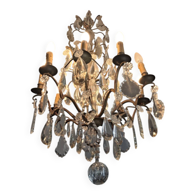 Lustre cage bronze et cristaux à 9 lumières