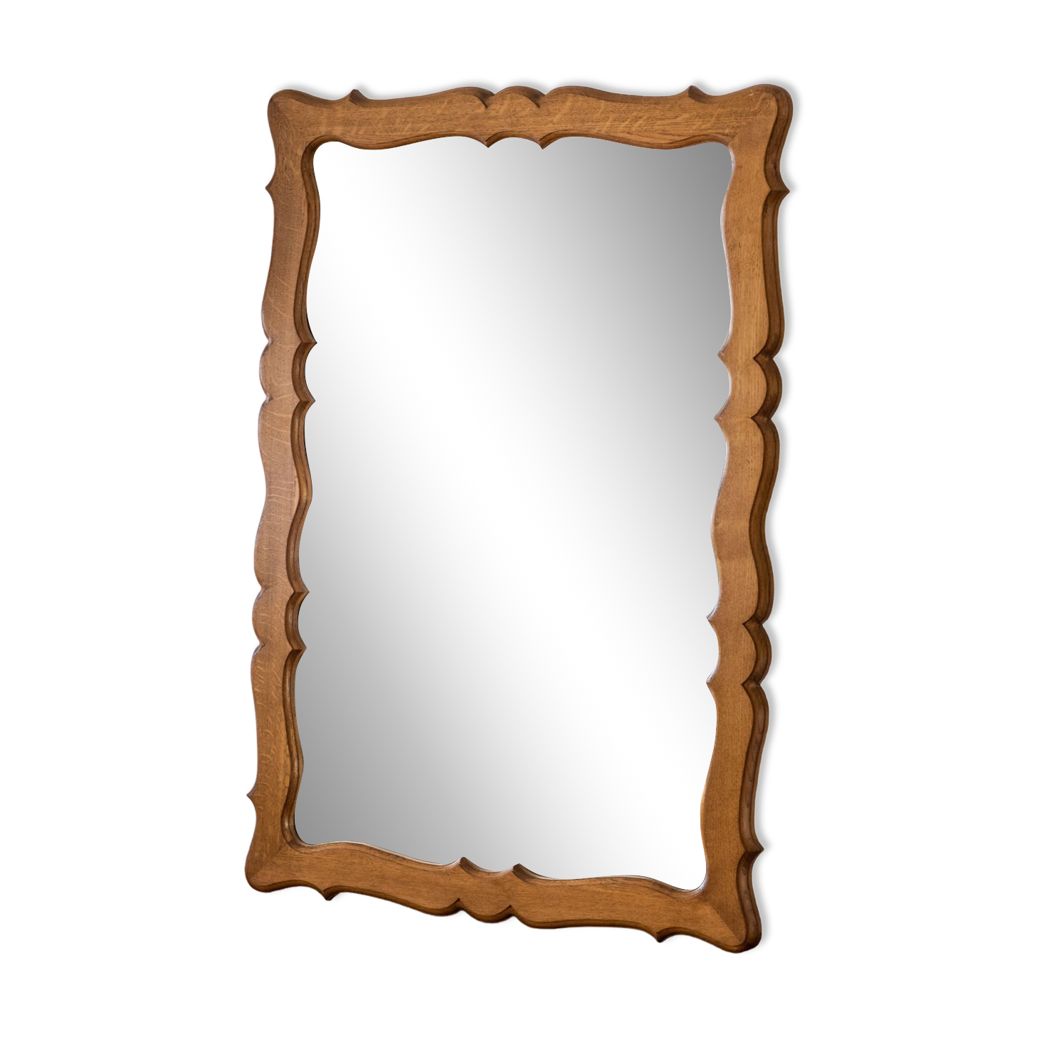 Very large vintage mirror in scrolled solid oak