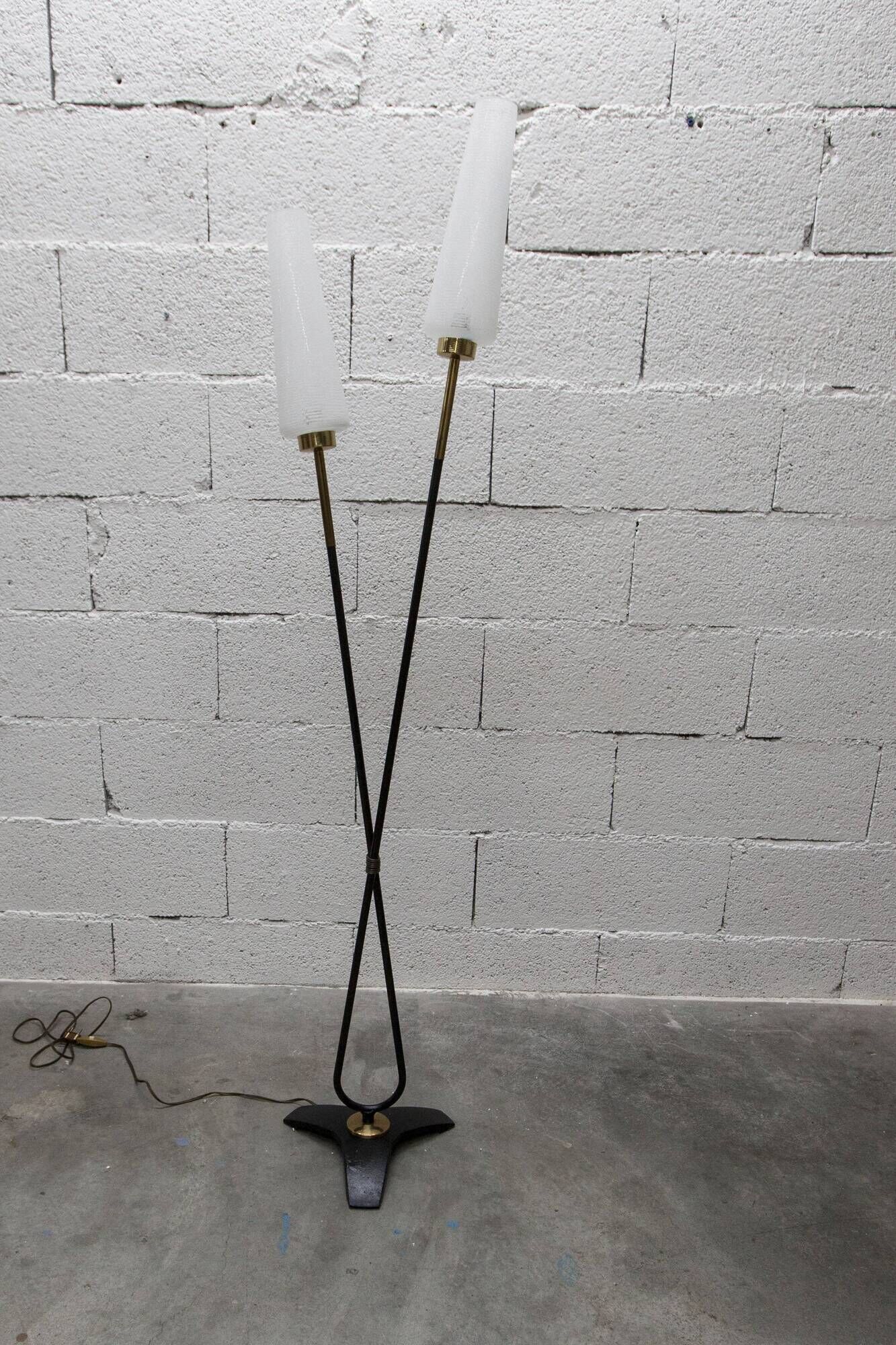 Arlus floor lamp with tripod base and 2 ribbed glass lamps 1950