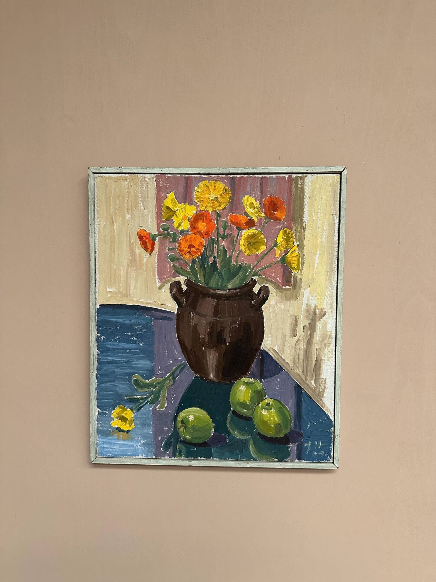 Swedish Oil on Canvas – “Apples and Flowers” – Vintage & Framed