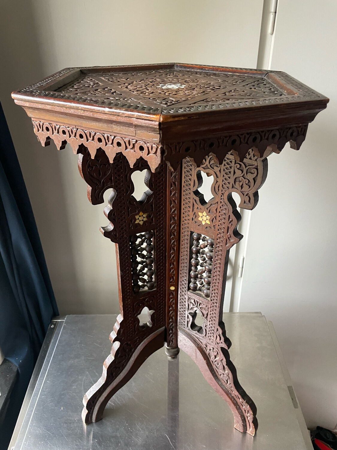 Antique Ottoman Turkish table with inlays and intricate carvings