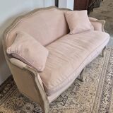 Louis XV style bench sofa in pink fabric and burlap