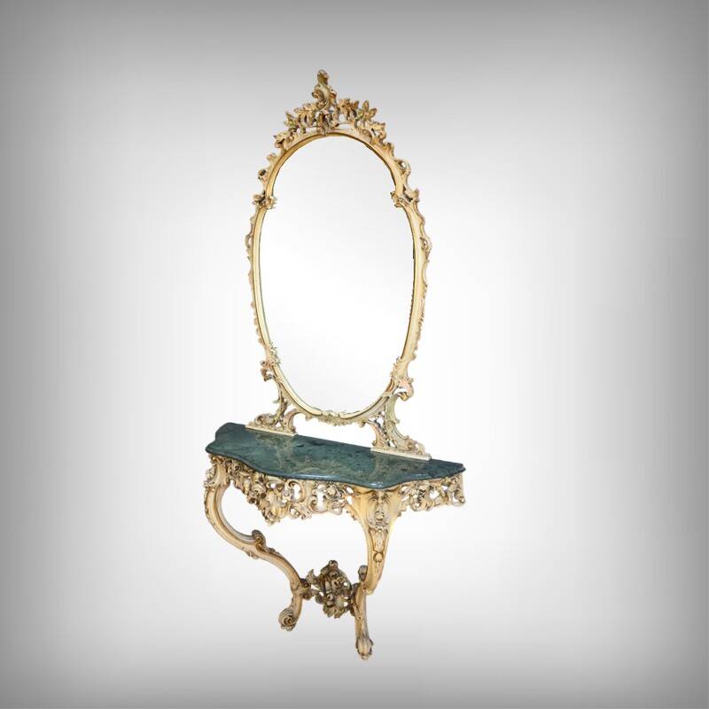 Painted Wooden Console-Mirror Set – 20th Century