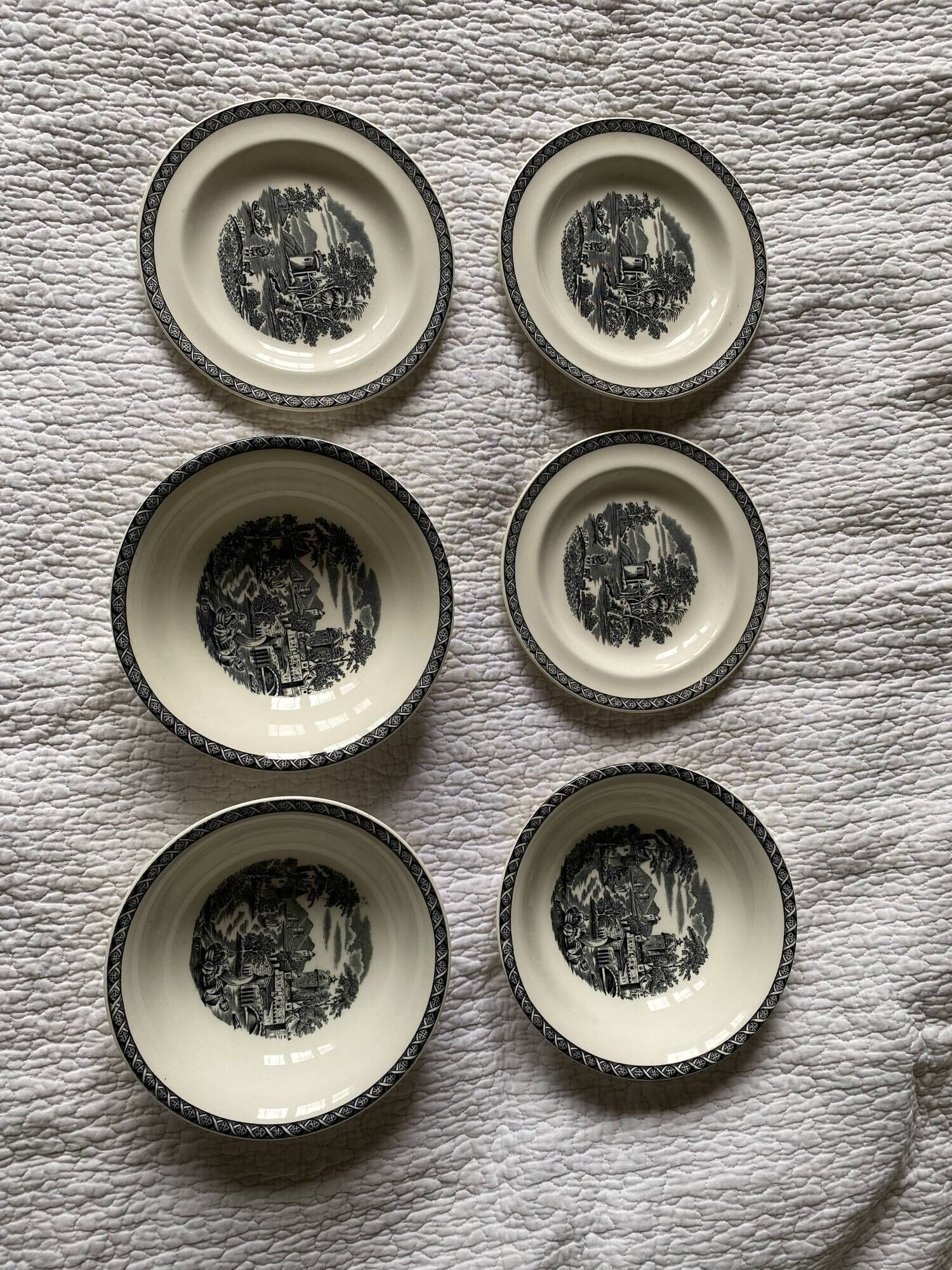 Set of 3 large cups and 3 old Wedgwood Lugano model bread plates