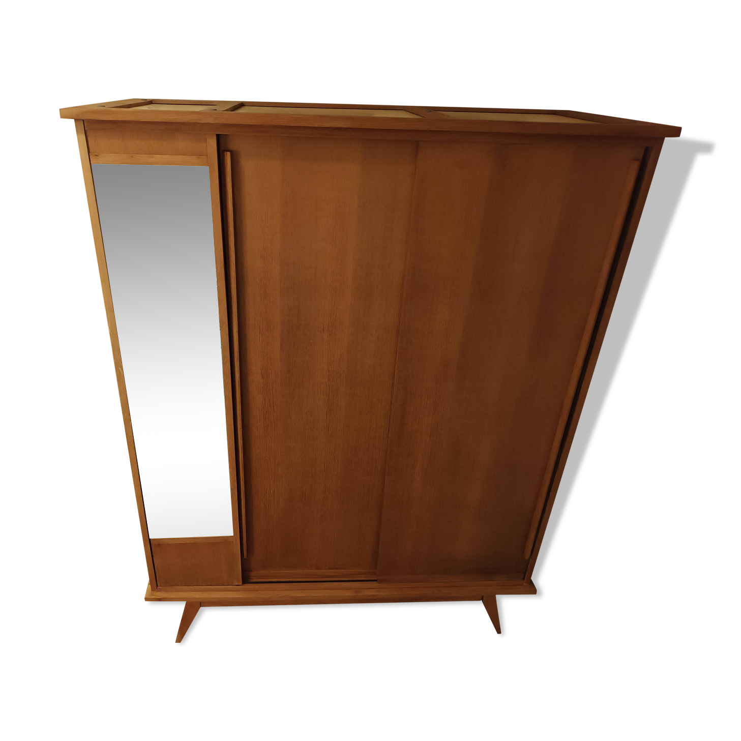 Vintage oak wardrobe with mirror with two sliding doors, France 1960s
