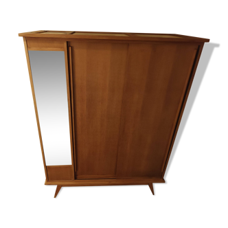 Vintage oak wardrobe with mirror with two sliding doors, France 1960s