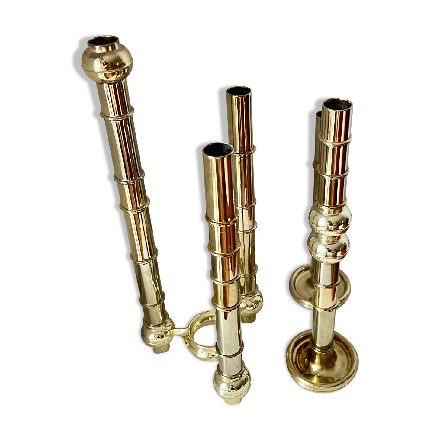 Very Rare Modular Scandinavian Brass Candlestick, 33-Piece Mid-Century Plug