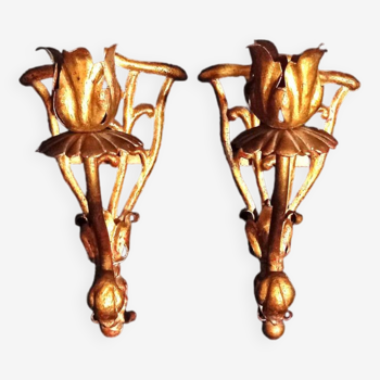 Pair of Gilt Iron Candle Wall Sconces with Roses