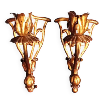 Pair of Gilt Iron Candle Wall Sconces with Roses