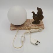 French Art Deco table lamp, bird motif, marble base, white glass globe 4477