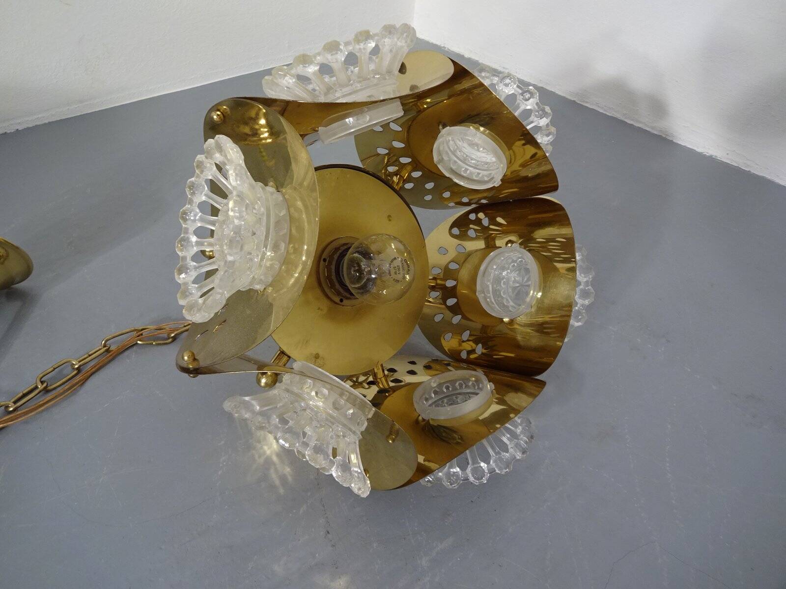 Italian brass and glass ceiling lamp, 1960s